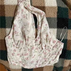 Floral Halter Crop Top in Cream with Pink Blossoms